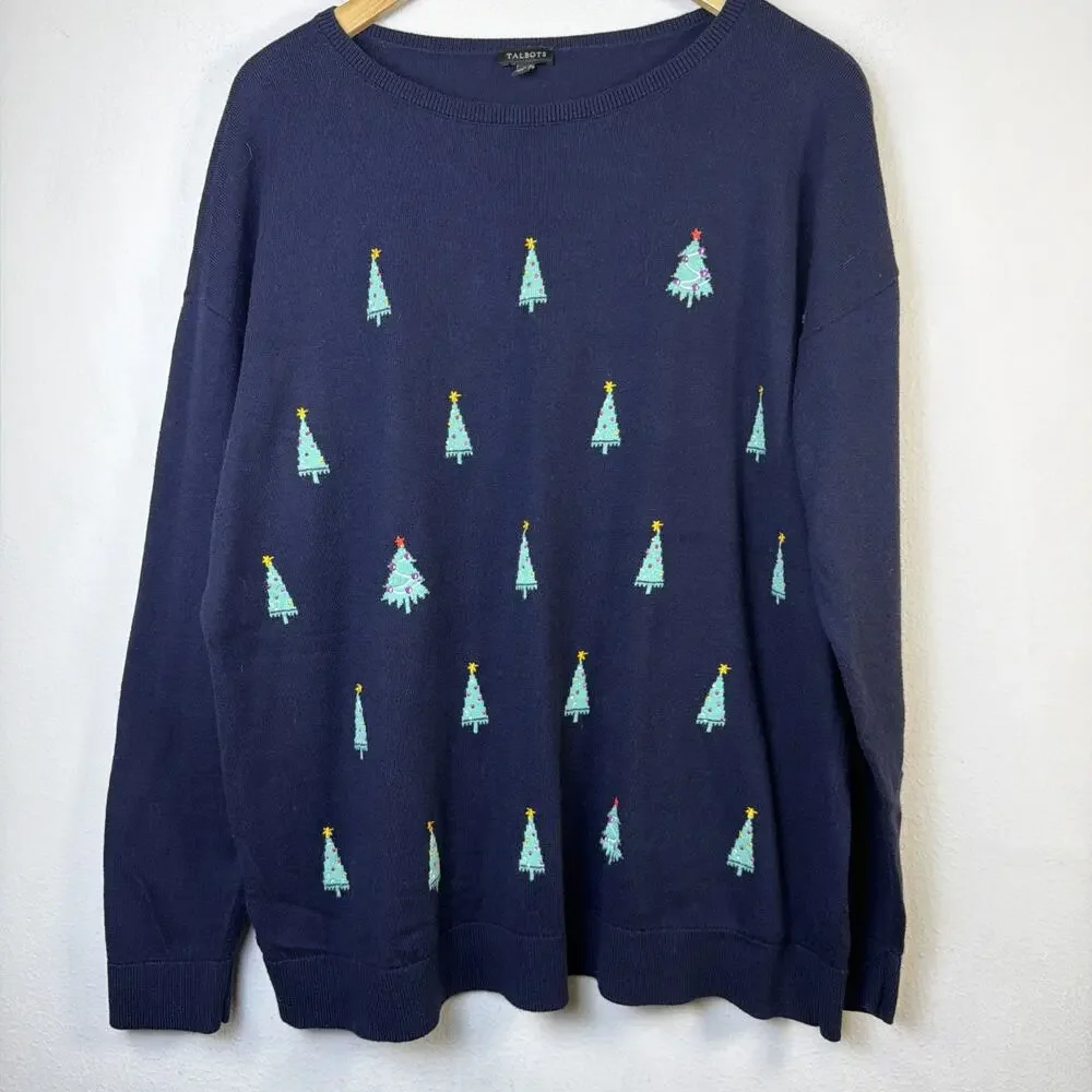 Talbots Womens Christmas Tree Sweater Navy Blue XL ugly holiday embroidered - Picture 2 of 11